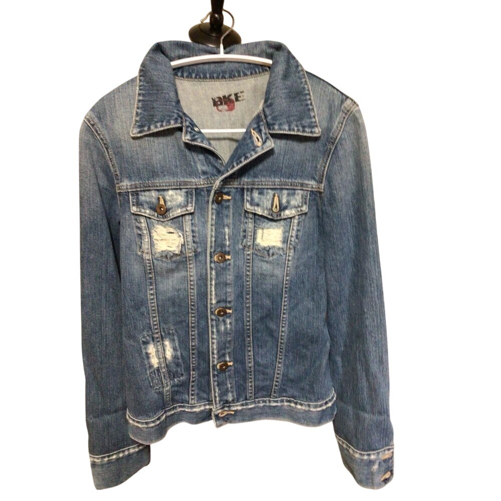 BKE Distressed Denim Blue Jean Trucker Jacket Button-Up Women's Grunge Retro M‎